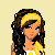 Pixel art contact sheet showing a female character in yellow and white attire with text overlays, arranged across three columns on a light background.