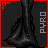 Pixel art of nine showing a character's outfit, text fragments, and full-body pose with red hair and dark clothing