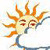 Pixelated sun icon with orange rays, closed eyes, and a blue curved line beneath its face on a white background.