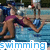 A woman in a purple swimsuit performs synchronized swimming movements in a pool with blue water, surrounded by onlookers.