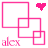 Pixel art composition with overlapping pink and blue squares, heart symbols in multiple colors, and 'alcx' text below each square arrangement.