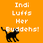 Pixelated black cat walks left on orange background with white text "Indi Luffs Her Buddens!" in four positions across the image.