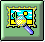 Pixel art frame with yellow border shows desert scene containing cactus, sun, and clouds; magnifying glass moves across the image in four