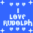 Blue background with white pixelated text reading "I LOVE RUDOLPH" surrounded by white hearts and plus signs, with slight variations in text and symbol placement across repeated sections.