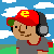 Pixel art character wearing red cap with yellow E, gray shirt, headphones; background sky and grass.