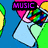Pixelated icon with pink heart, green hand holding colorful device, blue background; text changes from 'MUSIC' to 'G' to 'LIFE'.