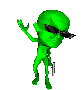 Green cartoon alien in multiple poses with sunglasses, holding a small object, transitioning to fire and energy effects.