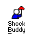 Pixelated character with white head and blue body holding red umbrella, text "Shock Buddy" below, red lightning bolts above, yellow outline on some frames.