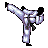 Pixel art of a martial artist in a high kick pose wearing a light purple uniform with white accents and a black belt.