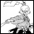 Pixelated grayscale image of a humanoid rabbit character with long ears, holding a sword, standing against a white background with a black border, next to text reading "Anime IM" and "COM" on a black background.