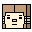 Four pixel-art show a beige face with black eyes and mouth, pink rectangle on nose, surrounded by brown and tan geometric shapes; the face shifts position across frames