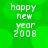 Green background with four identical pixelated text blocks reading 'happy new year 2008' in white, arranged in a two-by-two