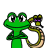 Green frog with large eyes holds a coiled snake; the snake has purple markings on its head.