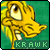 Yellow cartoon dragon head with brown eyes and yellow hair against green background, displaying 'KRAWK' text in pixelated font.