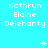 Pixelated text displays 'Kathryn Elaine Delehanty' on cyan background with animated white symbols appearing and disappearing across frames.