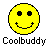 Six pixelated yellow smiley face icons arranged in a 3x2 contact sheet with varying mouth expressions and the text "Coolbuddy" beneath each, displayed on a gray background.