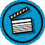 Two circular blue icons with black borders show a clapperboard; left icon has open top, right shows closed top and motion lines.