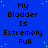 Blue background with repeated pixelated text "My Bladder Is Extremely Full" in black, scattered light blue dots, and a solid gray rectangle in the bottom-right corner.