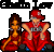 Pixelated static image of two figures in red outfits with a black text banner above them on gray background.