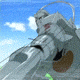 A silver mecha with brown accents and red markings stands against a blue sky with white clouds and green grass, shown in three sequential poses.