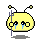 Pixelated yellow circular character with black outline, two antennae ending in light brown spheres, holding a dark blue trident-like object, crying tears of blue pixels.
