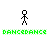Pixelated stick figure dancing with green text 'DANCE DANCE' below on white background.