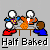 Pixel art of three figures around a table with a large orange object, below text reading 'Half Baked' on gray background.
