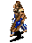 A pixelated warrior in blue pants and brown armor holds a sword, shield, and cloak across multiple poses on a gray background.