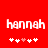 Red background with white pixelated text 'hannah' and five heart symbols below, where the third heart is pink in one view and white in another.