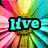Pixelated rainbow flower background with four text blocks: 'live' cyan, 'laugh' purple, 'love' green, and 'peace' purple.
