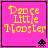 Four identical pink square with yellow pixelated text 'Dance Little Monster' and a black pixel-art alien icon in the bottom-right corner of each