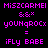 Pixelated text displays 'MISZCARMEI', '&*&', 'YOUNGROCX', '=', and 'iFLy BABE' in magenta on black, with white background variations across repeated positions