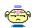 Pixelated yellow circular character with blue halo, white wings, and pink or red gem on forehead; four variations show changing facial expressions and surrounding symbols.