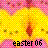 Pixelated icon with pink and yellow background, central flame-like shape, scattered brown spots, and bottom text reading 'easter 06'.