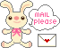Pixel art bunny with pink bow, white cloud speech bubble reading 'MAIL please', and envelope icon with red heart on gray background.
