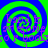 Four identical spiral patterns with alternating blue and green rings, overlaid with purple text reading "Lunch is on me or books a pool" in pixelated font.