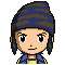Pixel art character with blue-brown striped beanie, yellow shirt under blue jacket, showing multiple facial expressions including closed eyes and open mouth.