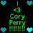 Pixelated green text and cyan hearts on black background, with repeated 'Cory Perry' and '3' symbols in a