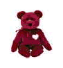 Red teddy bear with white heart patch on chest, shown in three sizes from full-body to small head-only view.