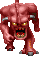 Six pixelated red demon figures in various poses with glowing yellow eyes and open mouths showing teeth, set against a gray background.