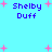 Pixelated text 'Shelby Duff' appears four times on a cyan background with scattered pink plus signs, no visible animation changes.