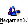 A 3x3 contact sheet of pixel art frames showing a blue and red robotic character from the Mega Man X series performing an animation sequence with green energy effects, displayed on a gray background.