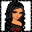 A 48x48 pixel buddy icon featuring a cartoon woman with long black hair and blue eyes on the left, next to Spanish text "Besos Y Abrazos" on a dark background with light effects on the right.