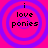 Four identical circular icons with pink backgrounds and purple concentric rings display "i love ponies" text in black pixelated font.