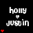 A black background displays white text reading 'holly' above a small heart symbol and 'justin' below it, with red hearts animating in vertical stacks of one to five on the left side.