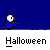 Pixelated Halloween-themed animation featuring small figures in blue and purple outfits interacting with white ghost-like shapes against a dark blue background.