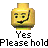 Pixelated yellow Lego head with black hair, green collar, and smiling expression; text reads 'Yes Please hold' below icon and 'Instant Icons .com' to the right.