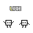 Pixel art character with square body and arms, multiple variations of 'LOVE' text above each , heart symbols appearing between characters in some frames