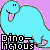 Two side-by-side pixelated dinosaur icons with cyan bodies, black outlines, and purple backgrounds; left icon has text below while right shows full legs.