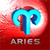 Static pixelated icon featuring a stylized blue 'A' symbol over red gradient background with the word ARIES below in gray text.